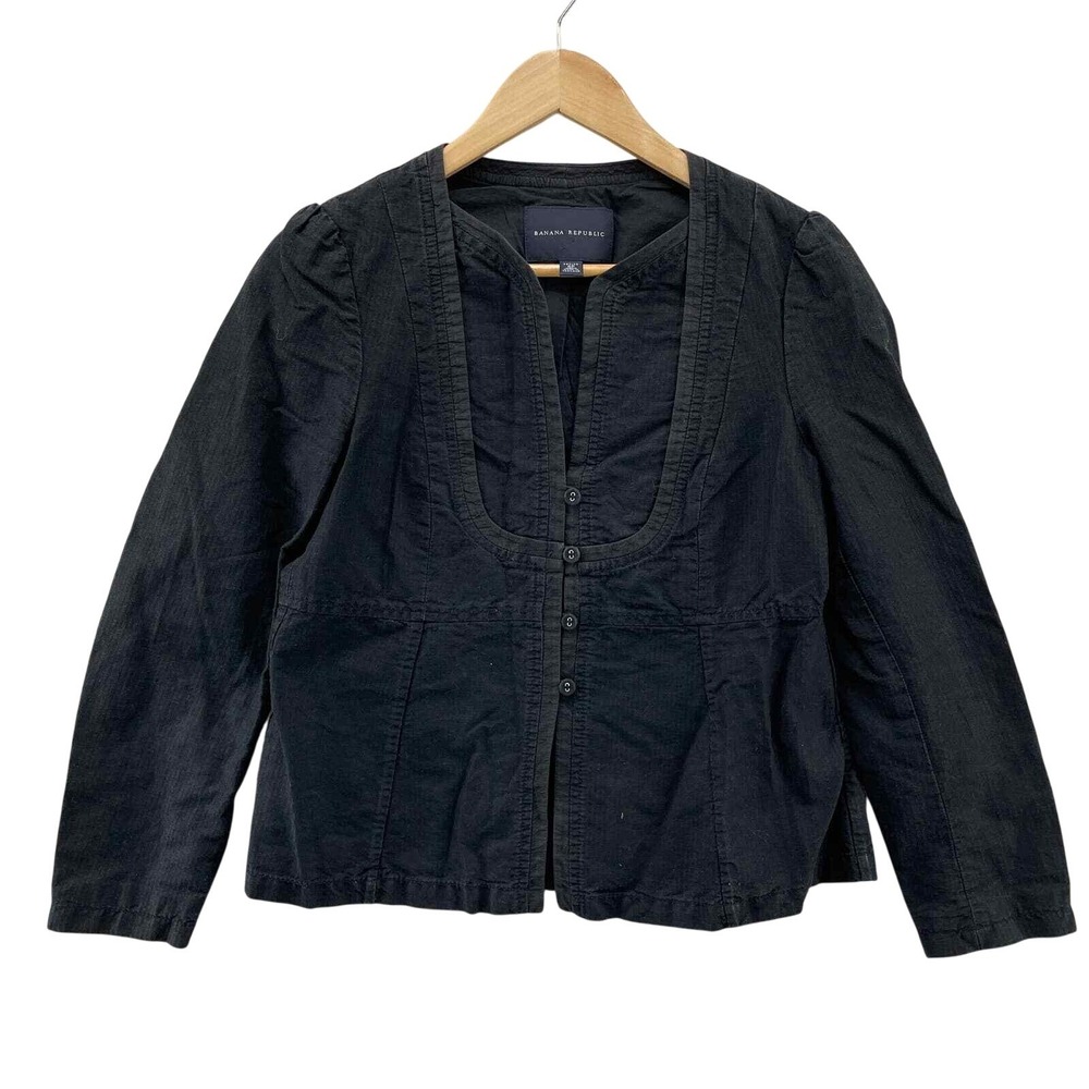 Banana Republic Jacket Womens 4 Petite Black Cotton Linen Blend Button Front